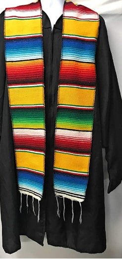 Authentic Mexican Serape Graduation Stole Sash Fabric - Teal, Turquoise, Yellow, 5" Width X 76" Length (1 Piece)