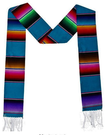 Authentic Mexican Serape Graduation Stole Sash Fabric - Teal, Turquoise, Yellow, 5" Width X 76" Length (1 Piece)