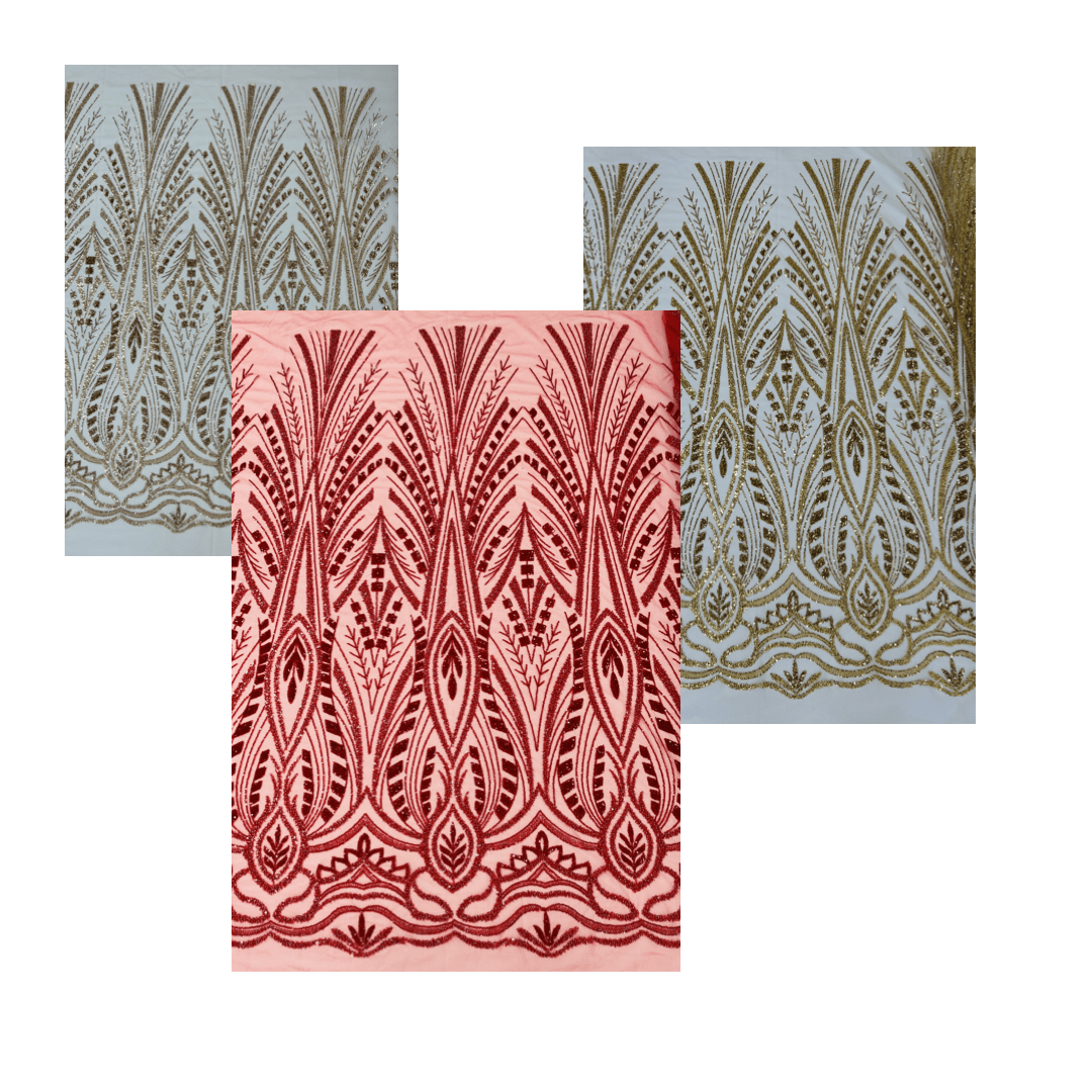 Heavy Beaded Damask Lace Polyester Fabric - Embroidered Beaded Mesh Lace, Double Scallop, 54" Width (1 Yard)