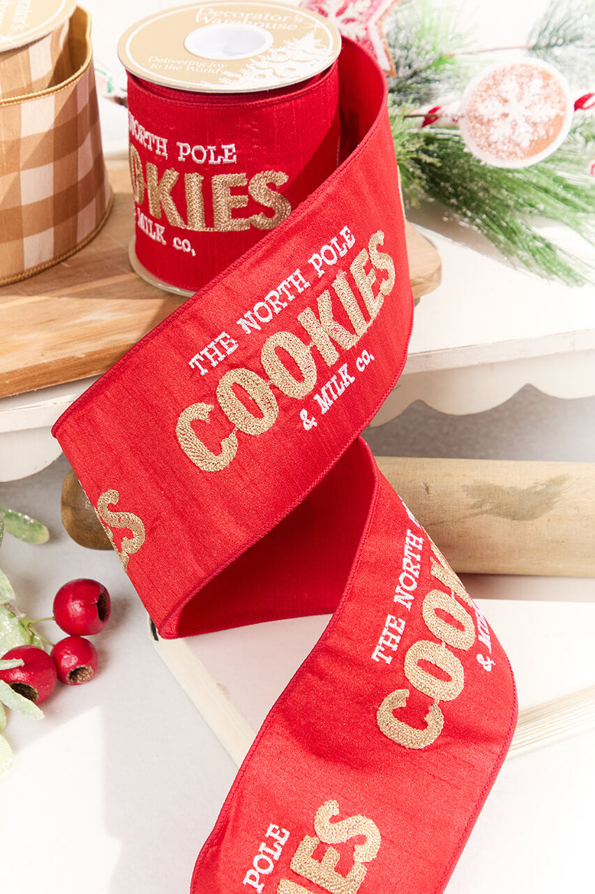 4" x 5 Yard North Pole Cookies & Milk Co. Embroidered Red