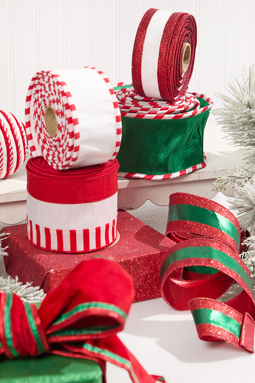 2.5" x 10 Yard White Dupioni with Red Glitter Stripe Ribbon