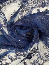 Elena's Lace Navy Blue Polyester Lace Fabric - Navy Blue Corded Mesh Embroidered With Sequins, Double Scalloped Edge, 54" Width (1 Yard)