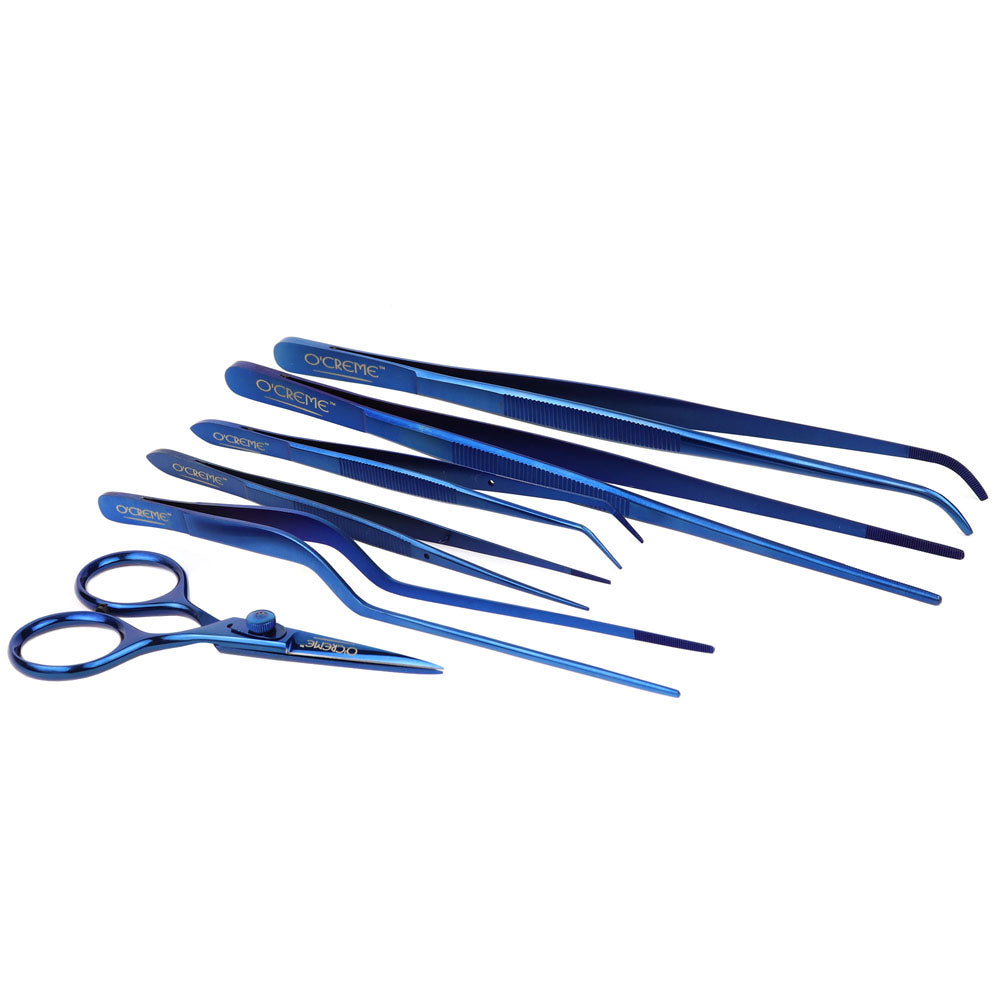 O'Creme Blue Stainless Steel Tweezers & Scissors, Set of 6