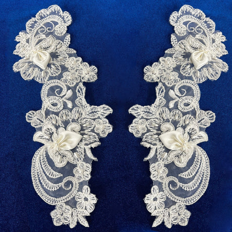 3D Floral Lace Applique 100 Percent Polyester Organza Fabric - Ivory, Beaded Embroidered, 9" X 3" Wide (1 Pair)