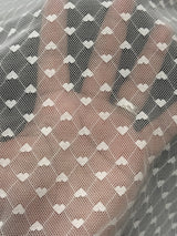 All Over Hearts Nylon Spandex Power Mesh Fabric - Off White, Apple Red, Sand, Hearts Print, 59" Width