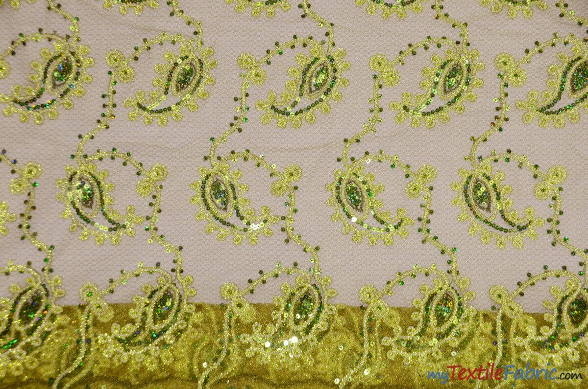 Coco Paisley Polyester Fabric - Sheer Embroidered Paisley, Double Scallop Lace, 52" Width (1 Yard)