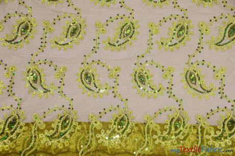 Coco Paisley Polyester Fabric - Sheer Embroidered Paisley, Double Scallop Lace, 52" Width (1 Yard)