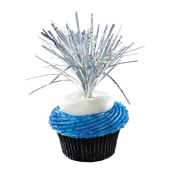 Holographic Silver Spray Mylar Celebration cake and cupcakes picks - set of 24