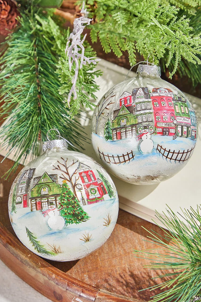4 Inch Village Scene Glass Ornament