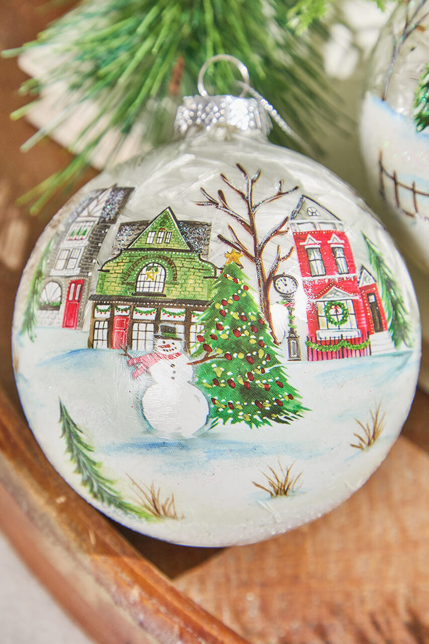 4 Inch Village Scene Glass Ornament
