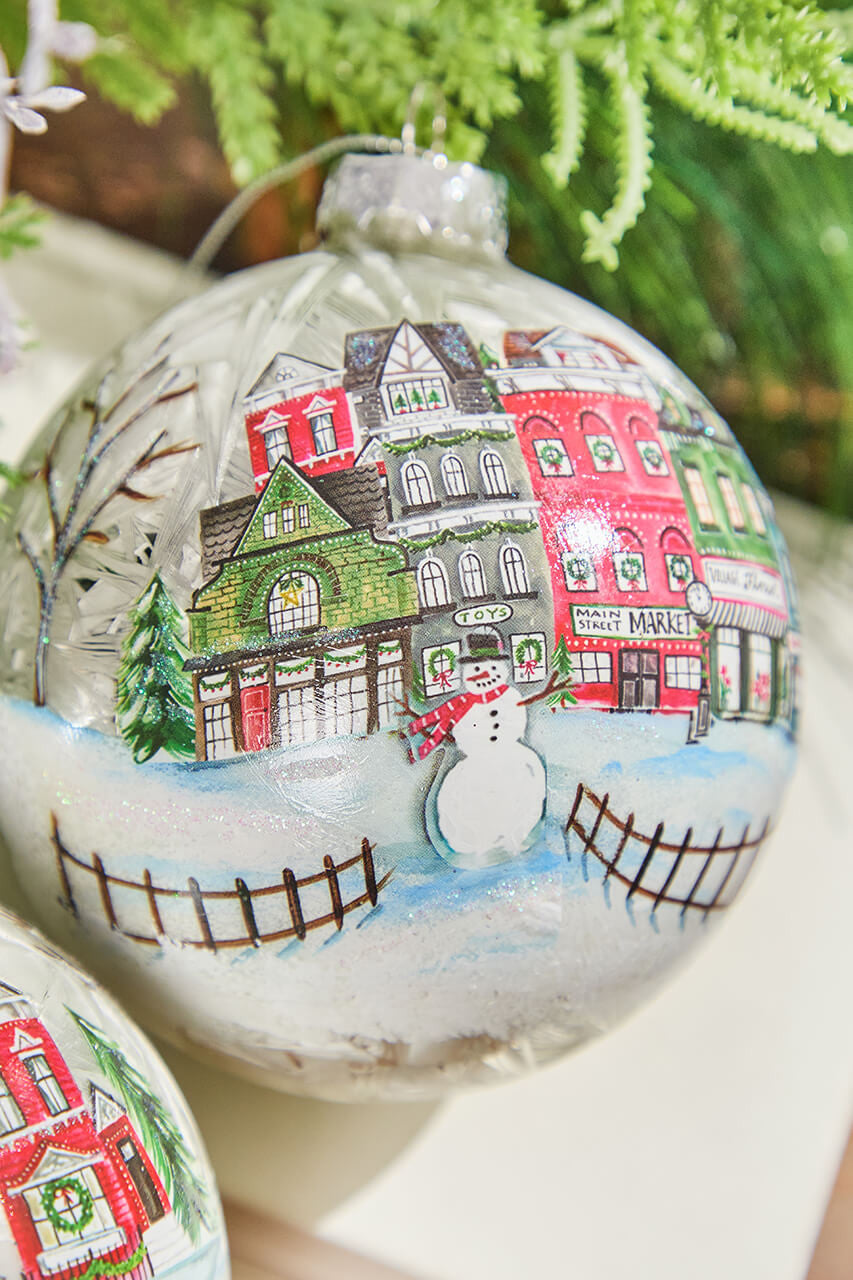 4 Inch Village Scene Glass Ornament