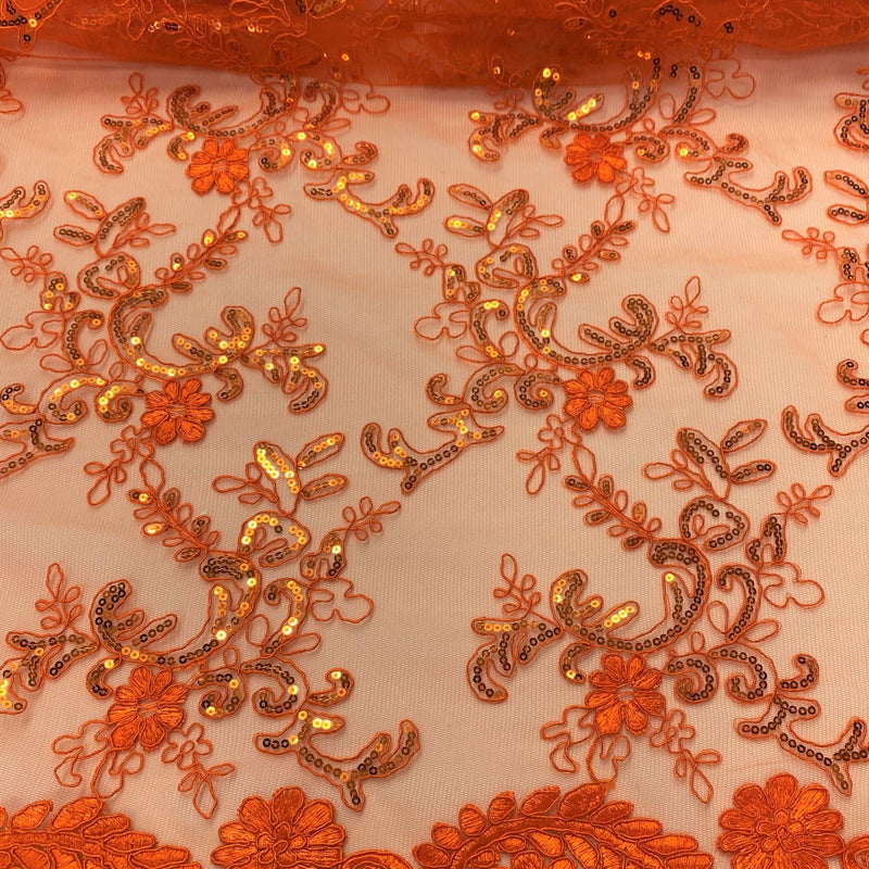 Elena's Lace Polyester Lace Fabric - Bright Orange Corded Mesh Embroidered With Sequins, Double Scalloped Edge, 54" Width (1 Yard)