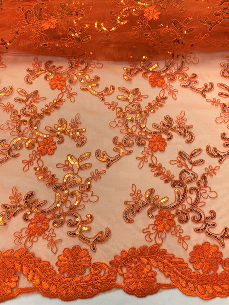 Elena's Lace Polyester Lace Fabric - Bright Orange Corded Mesh Embroidered With Sequins, Double Scalloped Edge, 54" Width (1 Yard)