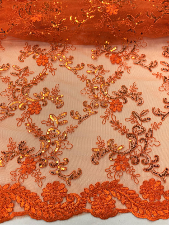 Elena's Lace Polyester Lace Fabric - Bright Orange Corded Mesh Embroidered With Sequins, Double Scalloped Edge, 54" Width (1 Yard)