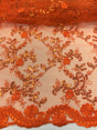 Elena's Lace Polyester Lace Fabric - Bright Orange Corded Mesh Embroidered With Sequins, Double Scalloped Edge, 54" Width (1 Yard)