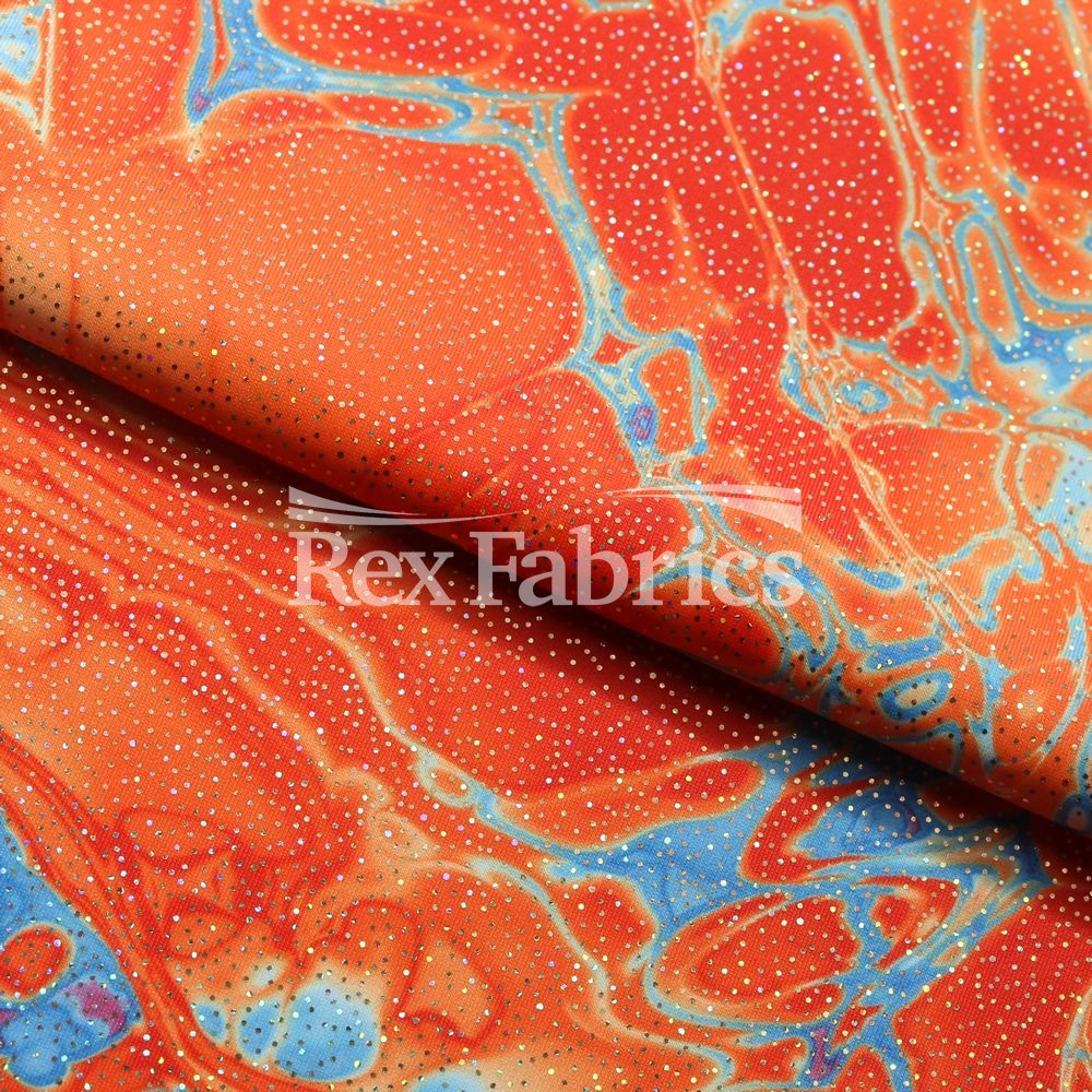 Vapor Wave With Foil Poly Spandex Fabric - Sparkly Marble Print, Teal, Fuchsia, Purple Green, Orange, 58/60" Width (1 Yard)