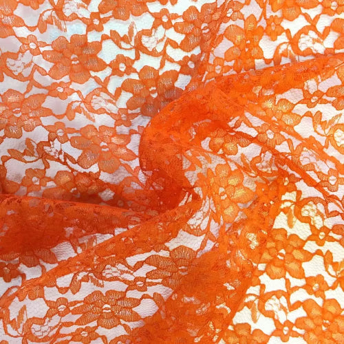 Orange Raschel Lace Polyester Fabric - French Floral, Orange, 60" Width