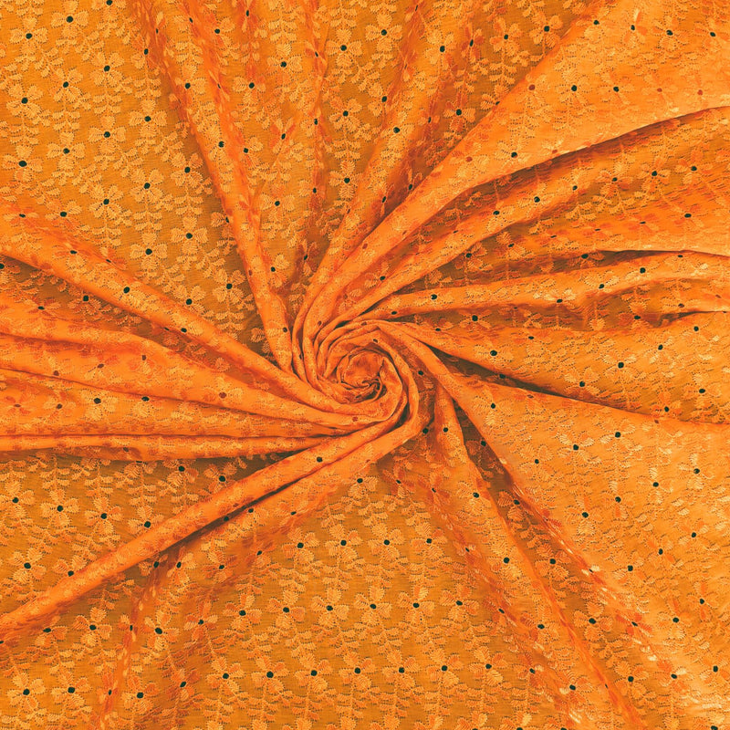 Heavy Eyelet Orange Polyester Cotton Fabric - Floral Embroidery, Orange, 41"-42" Width
