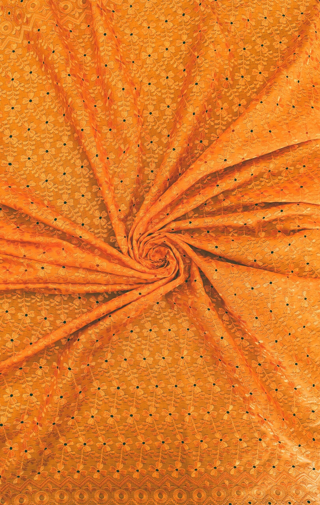Heavy Eyelet Orange Polyester Cotton Fabric - Floral Embroidery, Orange, 41"-42" Width