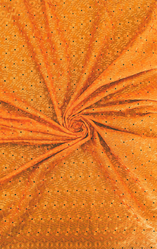 Heavy Eyelet Orange Polyester Cotton Fabric - Floral Embroidery, Orange, 41"-42" Width