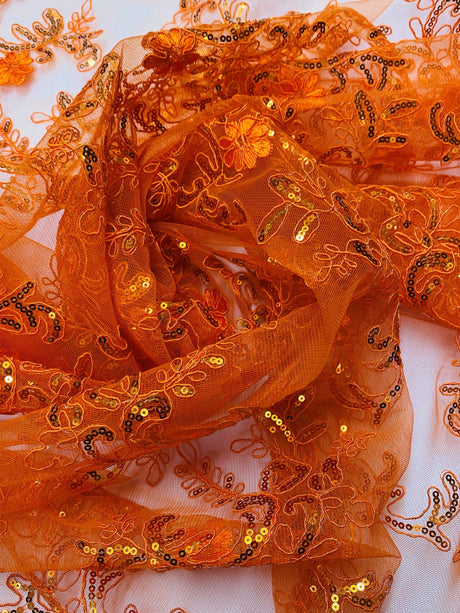 Elena's Lace Polyester Lace Fabric - Bright Orange Corded Mesh Embroidered With Sequins, Double Scalloped Edge, 54" Width (1 Yard)