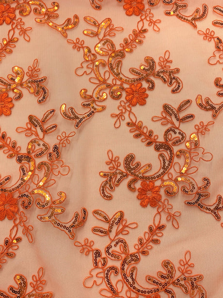 Elena's Lace Polyester Lace Fabric - Bright Orange Corded Mesh Embroidered With Sequins, Double Scalloped Edge, 54" Width (1 Yard)