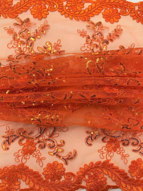 Elena's Lace Polyester Lace Fabric - Bright Orange Corded Mesh Embroidered With Sequins, Double Scalloped Edge, 54" Width (1 Yard)