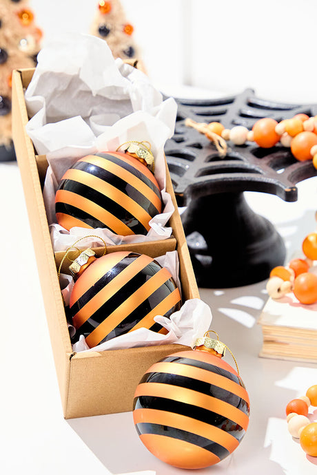 3" Glass Orange Stripe Halloween Ball Ornament Box - Set of 3