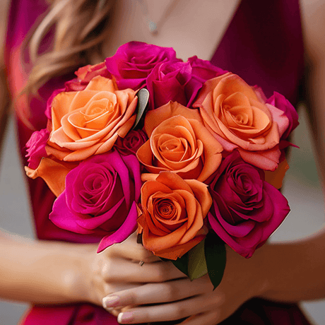 Dark Pink Orange Roses Bridesmaids Bouquets 3 Sets Fresh Romantic Flowers 28 Stems Each