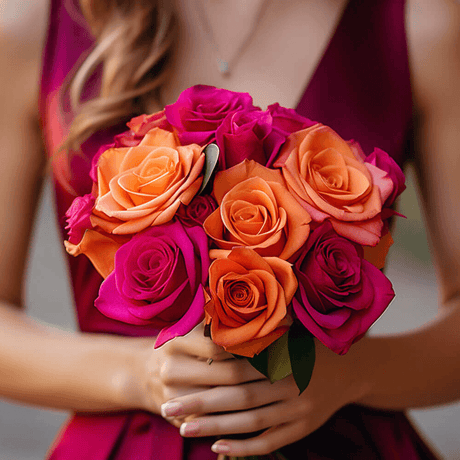 Dark Pink Orange Roses Bridesmaids Bouquets 6 Sets Fresh Romantic Flowers 28 Stems Each