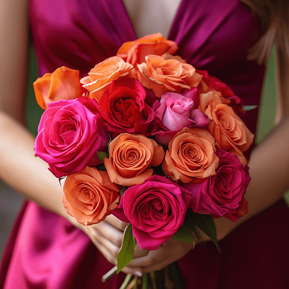 Dark Pink Orange Roses Bridesmaids Bouquets 3 Sets Fresh Romantic Flowers 28 Stems Each