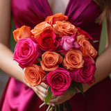 Dark Pink Orange Roses Bridesmaids Bouquets 3 Sets Fresh Romantic Flowers 28 Stems Each