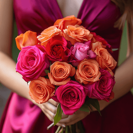 Dark Pink Orange Roses Bridesmaids Bouquets 6 Sets Fresh Romantic Flowers 28 Stems Each