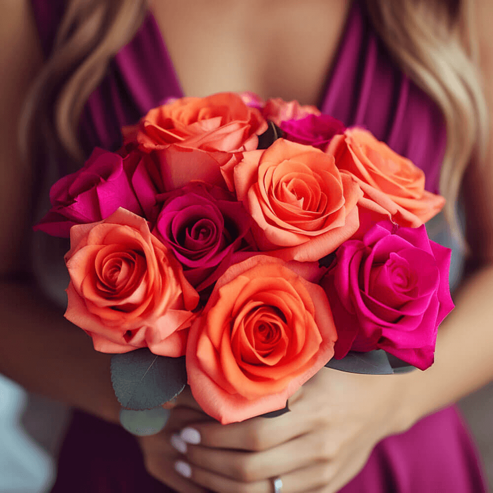 Dark Pink Orange Roses Bridesmaids Bouquets 3 Sets Fresh Romantic Flowers 28 Stems Each