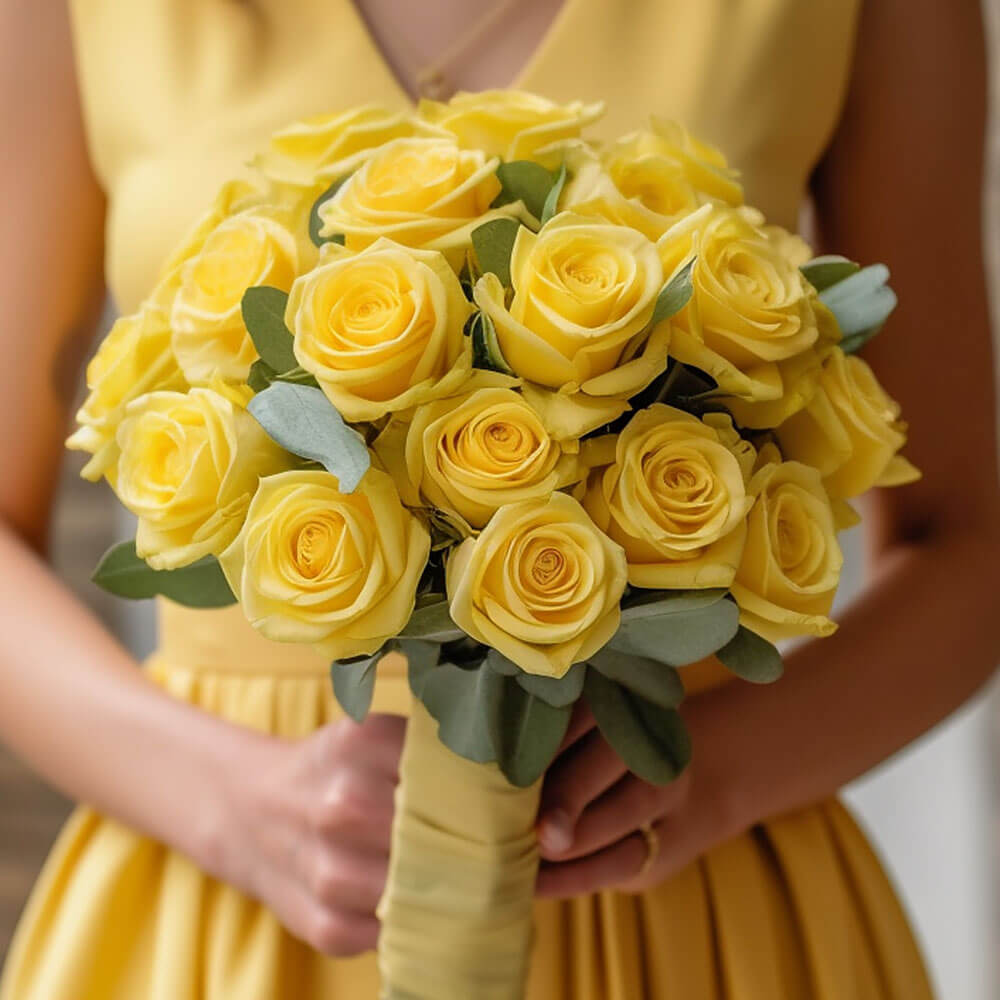 Yellow Roses Bridesmaids Bouquets Romantic Wedding Flowers 3 Sets 28 Stems Elegant Floral Set