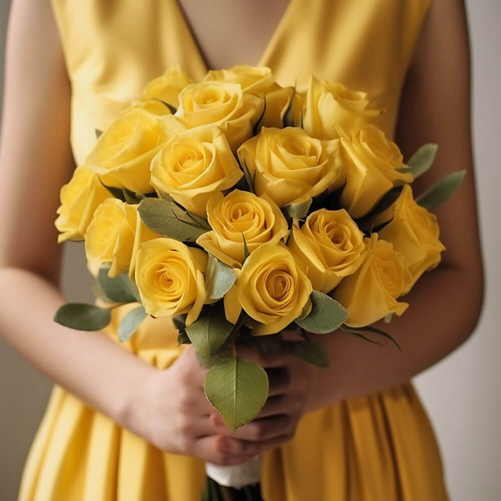 Yellow Roses Bridesmaids Bouquets Romantic Wedding Flowers 3 Sets 28 Stems Elegant Floral Set