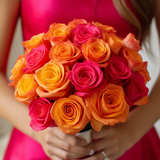 Royal Pink Orange Rose Bridesmaid Bouquets Set of 6 Vibrant Wedding Hand Tied Luxe Floral Design