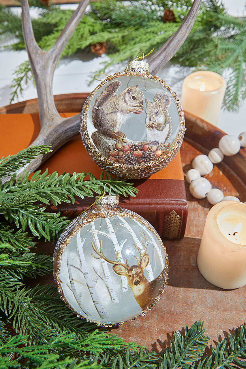 4" Glass Deer & Squirrel Scene Ball Ornament