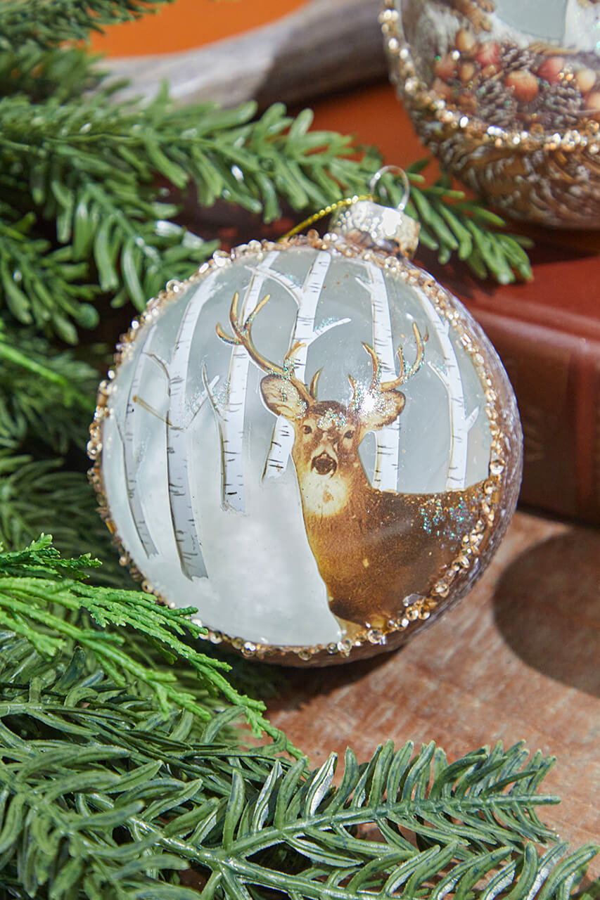 4" Glass Deer & Squirrel Scene Ball Ornament