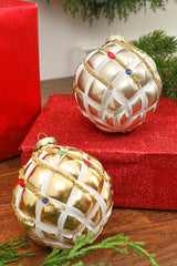 Glass Ball Ornament 4 Inch Platinum Gold Bejeweled Christmas Decor