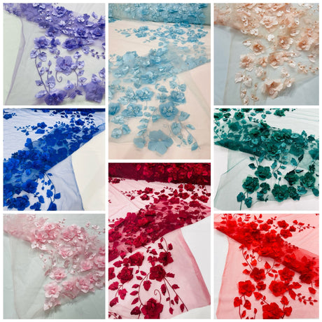 Orquidia 3D Floral Design Embroidered With Pearls Lace Fabric - 3D Floral Mesh Lace, 54" Width (1 Yard)