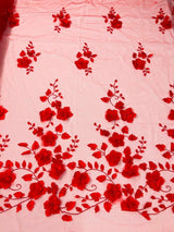 Orquidia 3D Floral Design Lace Polyester Fabric - Beaded Mesh Lace, Double Scallop, 54" Width (1 Yard)