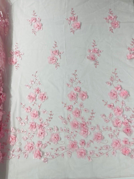 Orquidia 3D Floral Design Lace Polyester Fabric - Beaded Mesh Lace, Double Scallop, 54" Width (1 Yard)