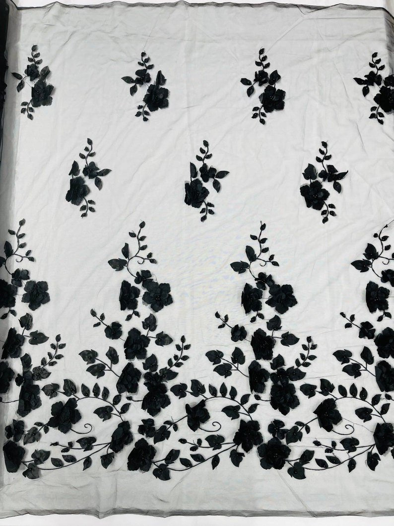 Orquidia 3D Floral Design Lace Polyester Fabric - Beaded Mesh Lace, Double Scallop, 54" Width (1 Yard)