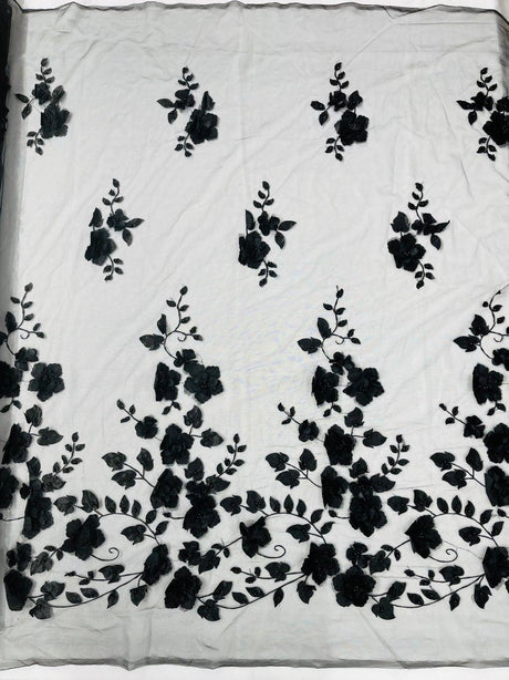 Orquidia 3D Floral Design Lace Polyester Fabric - Beaded Mesh Lace, Double Scallop, 54" Width (1 Yard)