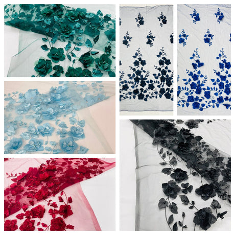 Orquidia 3D Floral Design Lace Polyester Fabric - Beaded Mesh Lace, Double Scallop, 54" Width (1 Yard)