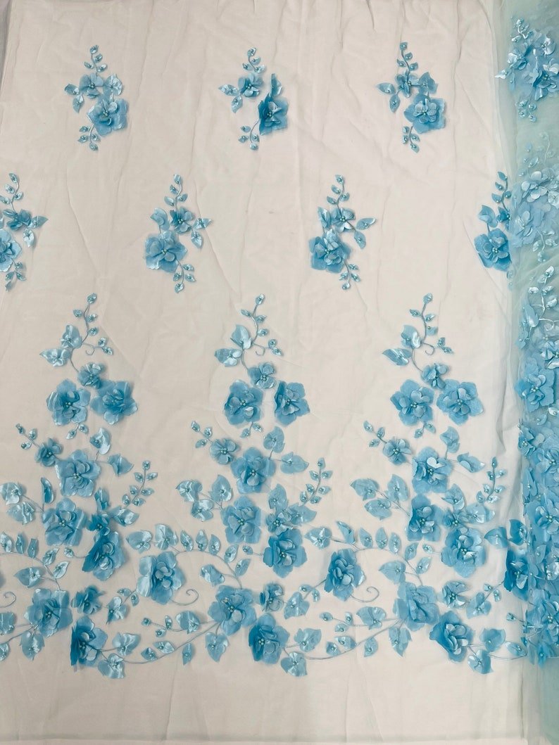 Orquidia 3D Floral Design Lace Polyester Fabric - Beaded Mesh Lace, Double Scallop, 54" Width (1 Yard)
