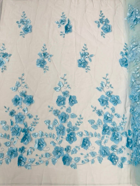 Orquidia 3D Floral Design Lace Polyester Fabric - Beaded Mesh Lace, Double Scallop, 54" Width (1 Yard)