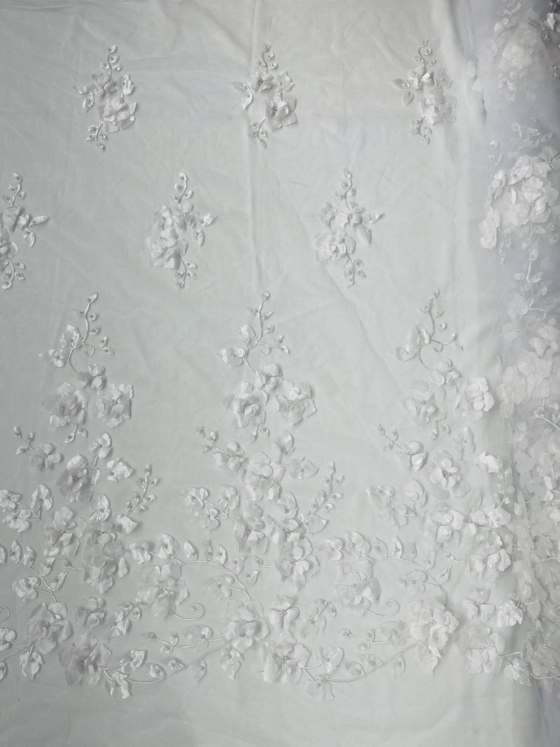 Orquidia 3D Floral Design Lace Polyester Fabric - Beaded Mesh Lace, Double Scallop, 54" Width (1 Yard)