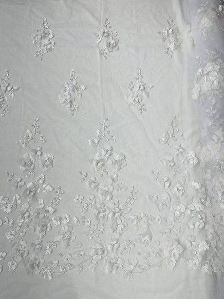 Orquidia 3D Floral Design Lace Polyester Fabric - Beaded Mesh Lace, Double Scallop, 54" Width (1 Yard)